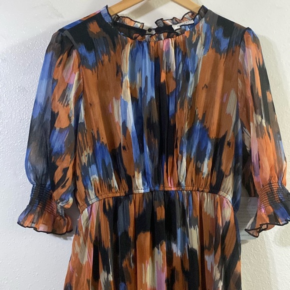 NWT MELLODAY Womens Ruffle Gauze Midi Dress In Blue Orange Abstract - Picture 3 of 6